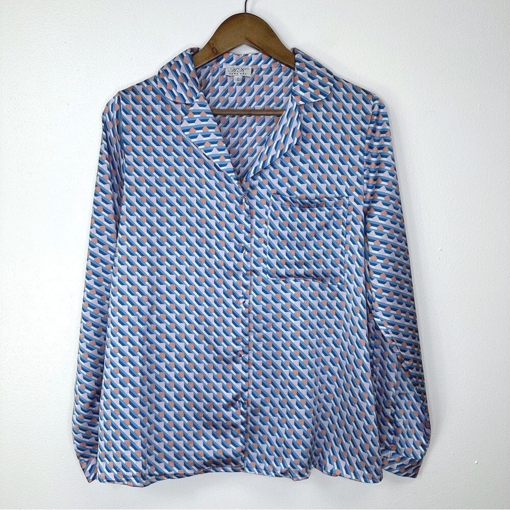 Anna Kay Geometric‎ Print Long Sleeve Button Up Pajama Top Blue Size L